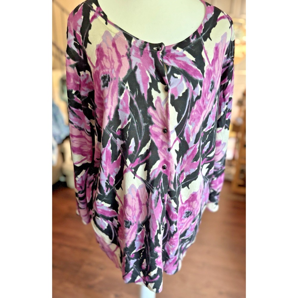 Talbots Women 1X Plus Silk Blend Floral Cardigan Button‎ Up 3/4 Sleeve Floral